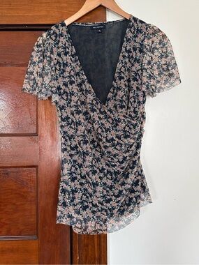 Max Edition Floral V-Neck Ruched Blouse Short Sleeve Top Mesh Overlay Medium